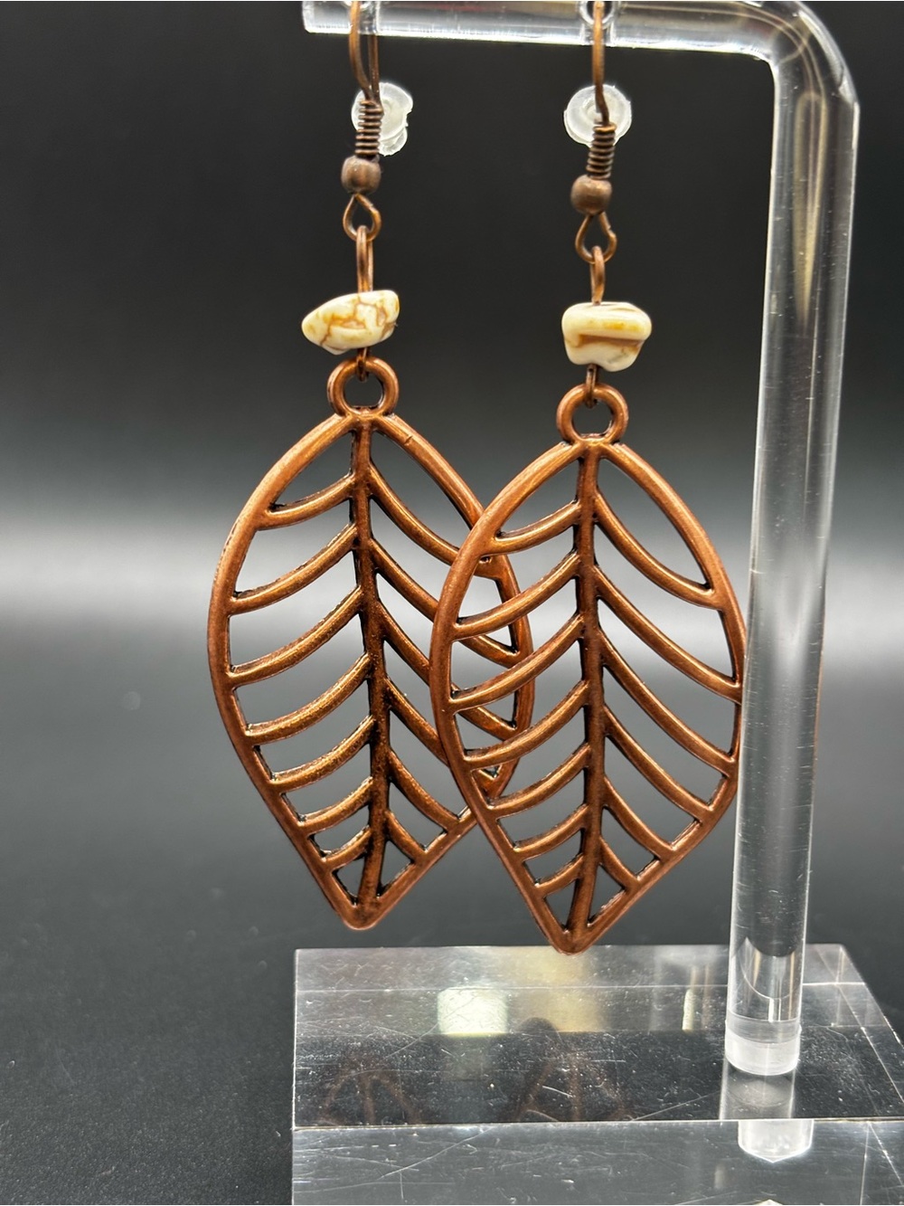 Nwot Copper Leaf Dangle Earrings with Cream Stone Accent
